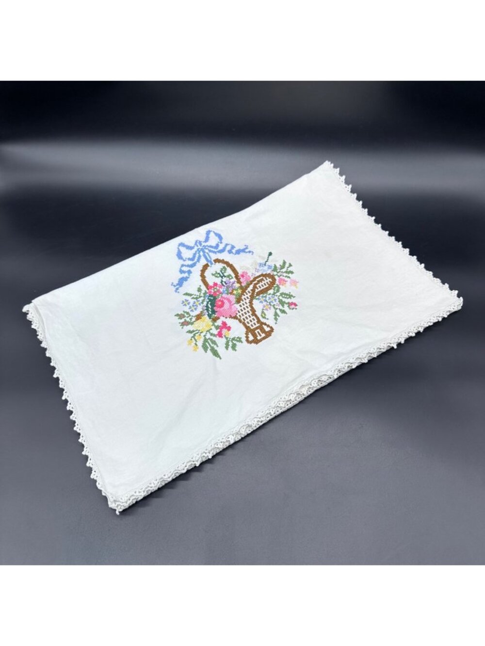 Vintage Cross Stitch Table Runner Flower Basket Crochet Trim White Flour Sack